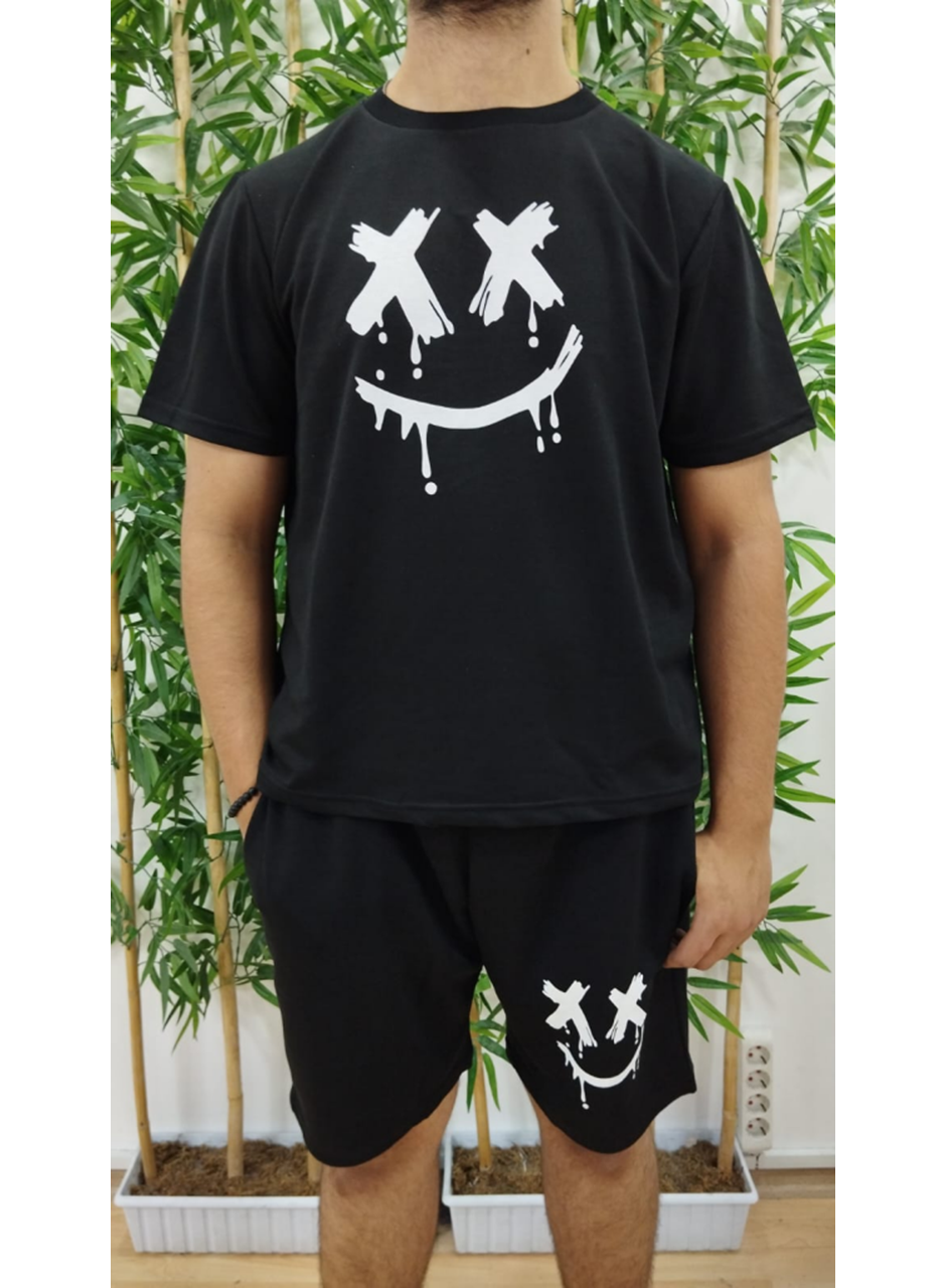 Erkek Kısa Kollu Bisiklet Yaka Baskılı Tişört Ipli Short Iki Iplik Takım