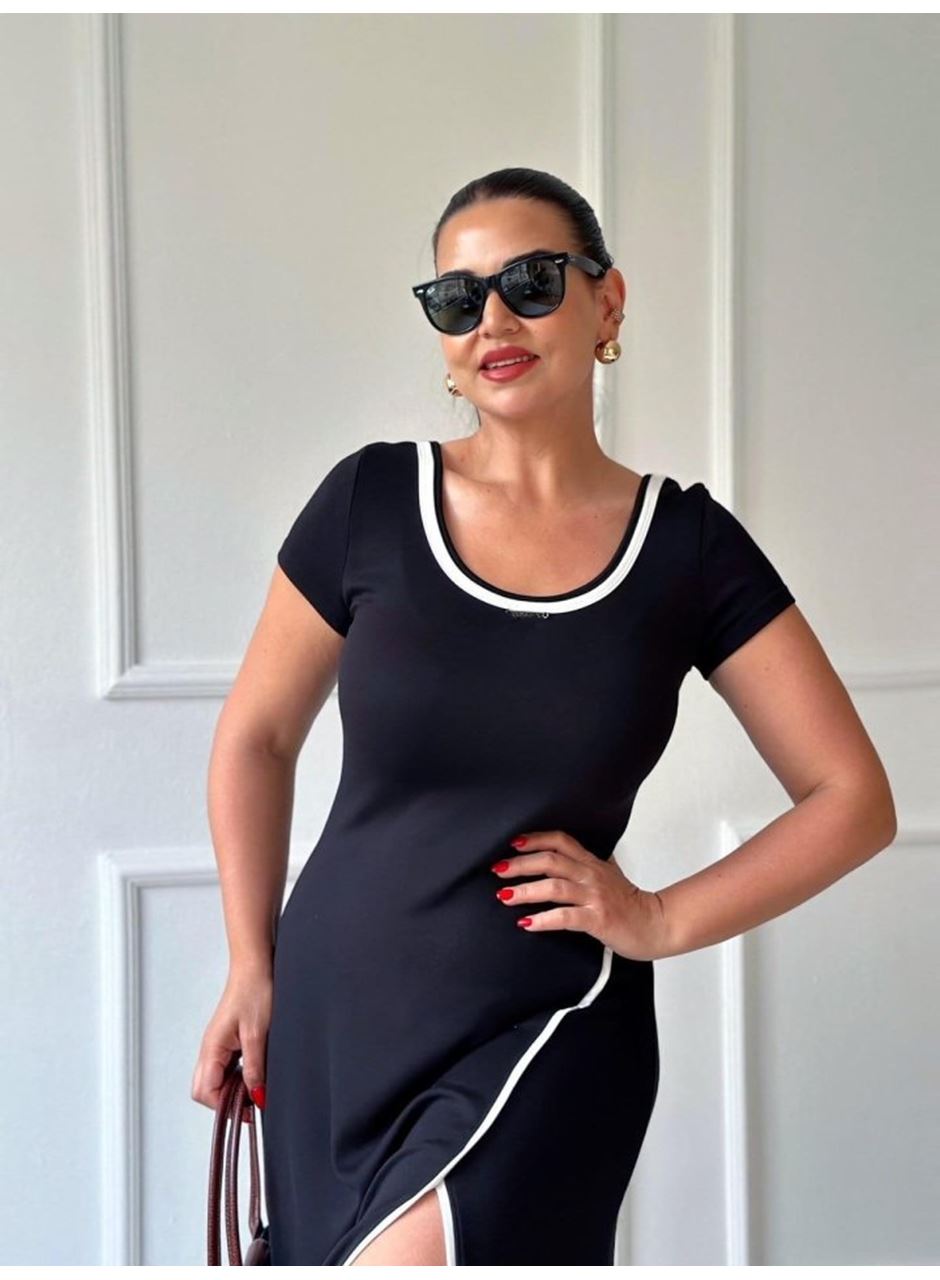 Kadın Yuvarlak Ribana Yaka Beyaz Yırtmaç Detaylı Viskon Tam Boy Elbise