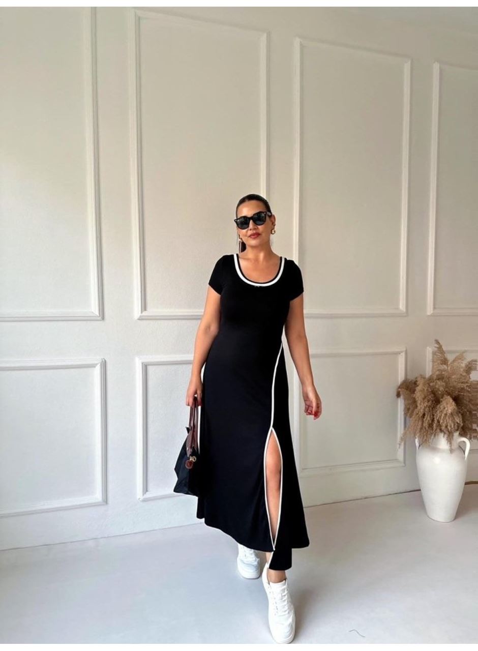 Kadın Yuvarlak Ribana Yaka Beyaz Yırtmaç Detaylı Viskon Tam Boy Elbise