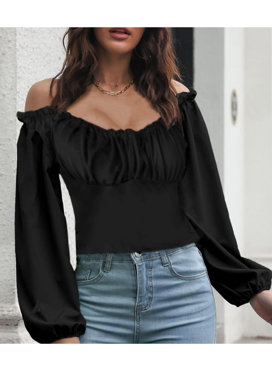 Kadın Uzun Kollu Kare Yaka Göğüs Büzgü Detay Sandy Bluz