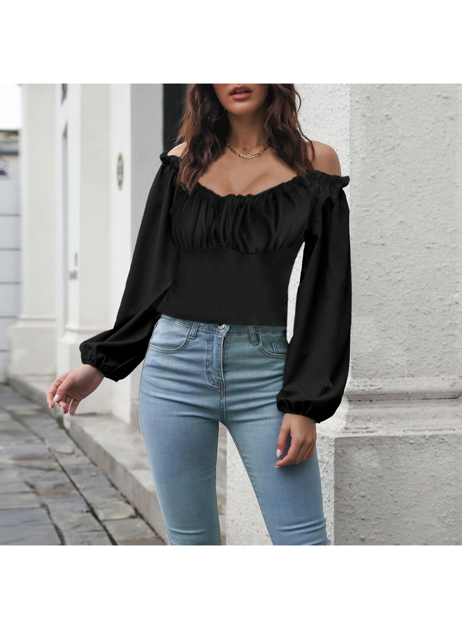 Kadın Uzun Kollu Kare Yaka Göğüs Büzgü Detay Sandy Bluz