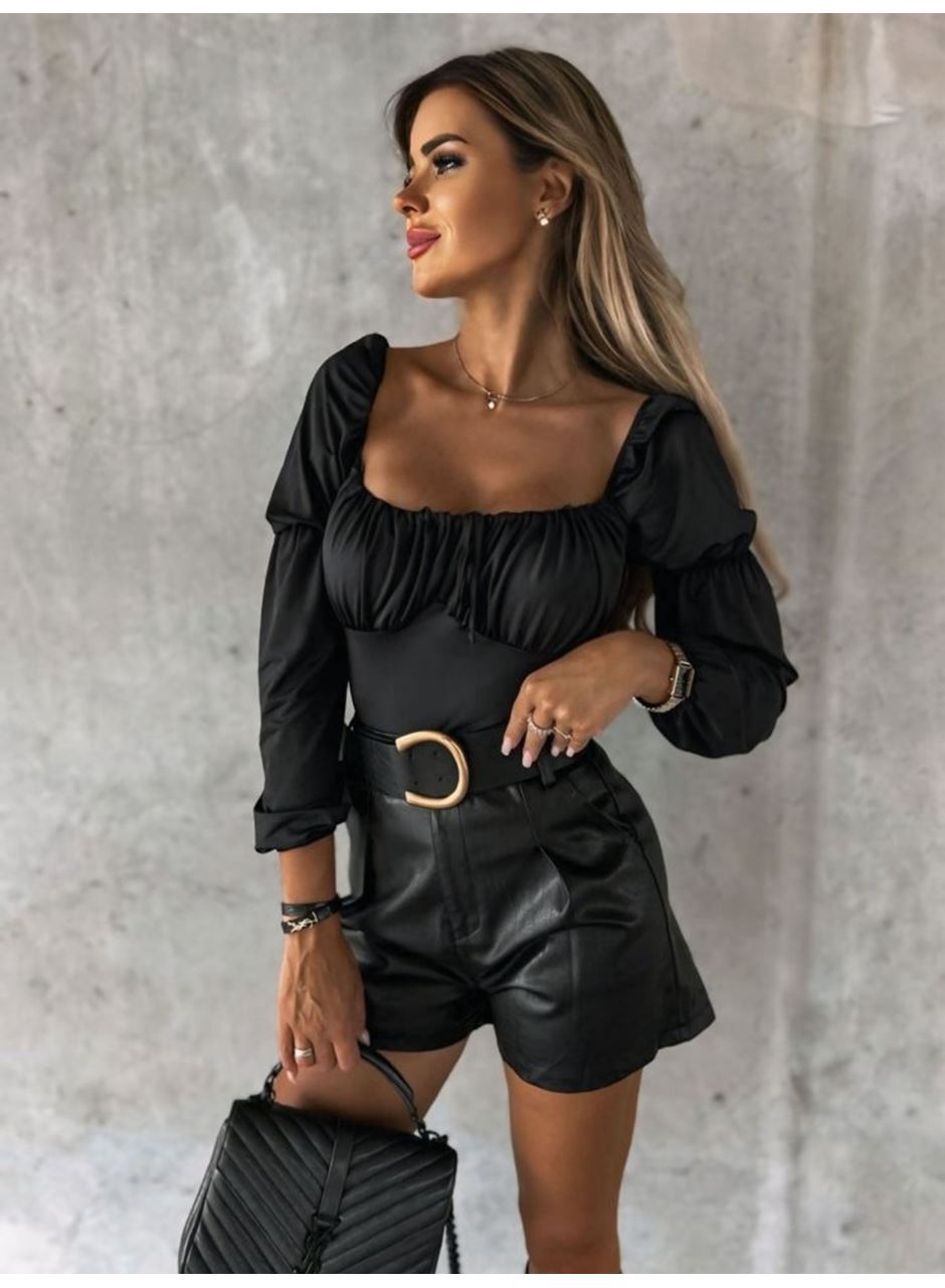 Kadın Uzun Kollu Kare Yaka Göğüs Büzgü Detay Sandy Bluz