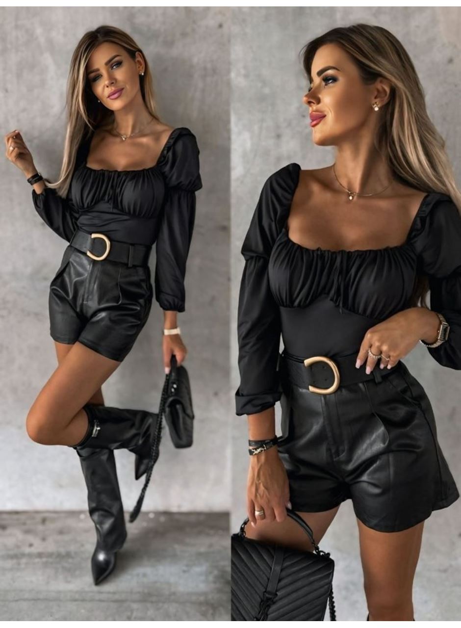 Kadın Uzun Kollu Kare Yaka Göğüs Büzgü Detay Sandy Bluz