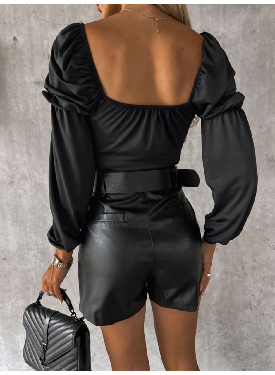 Kadın Uzun Kollu Kare Yaka Göğüs Büzgü Detay Sandy Bluz