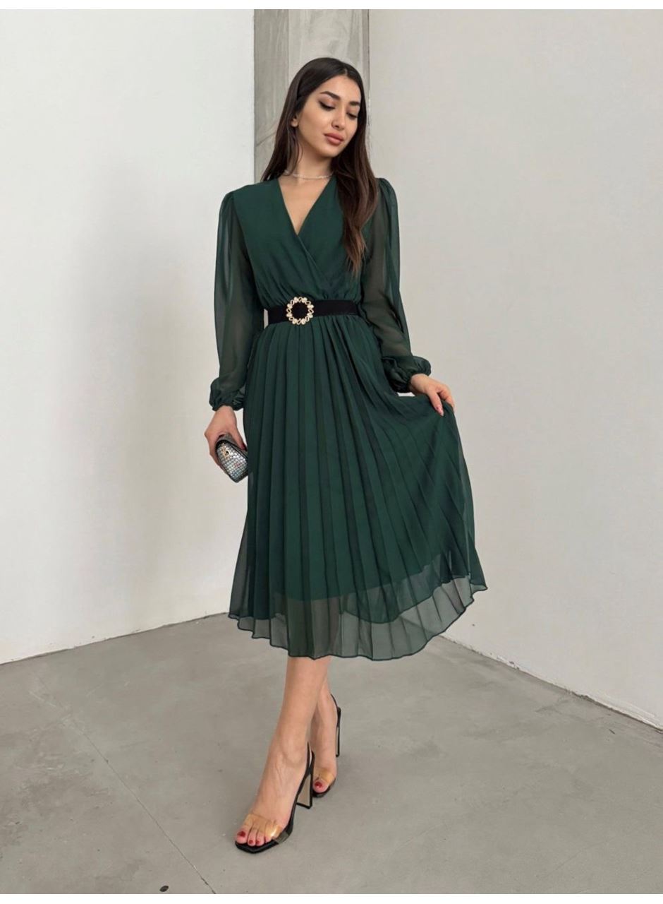 Kadın şifon Kumaş Astalı Kloş Kesim Kruvaze Yaka Midi Boy Elbise