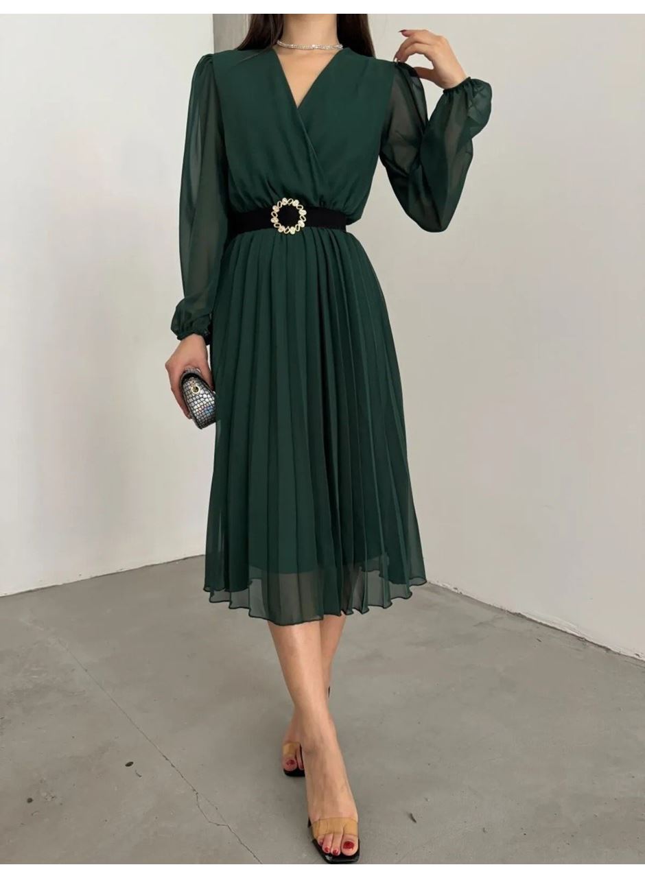 Kadın şifon Kumaş Astalı Kloş Kesim Kruvaze Yaka Midi Boy Elbise