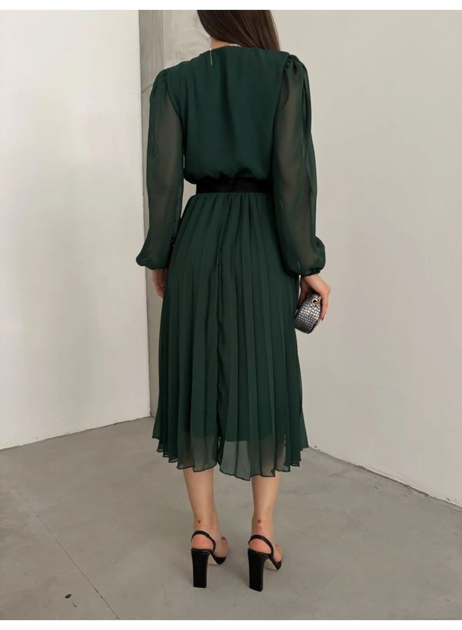 Kadın şifon Kumaş Astalı Kloş Kesim Kruvaze Yaka Midi Boy Elbise