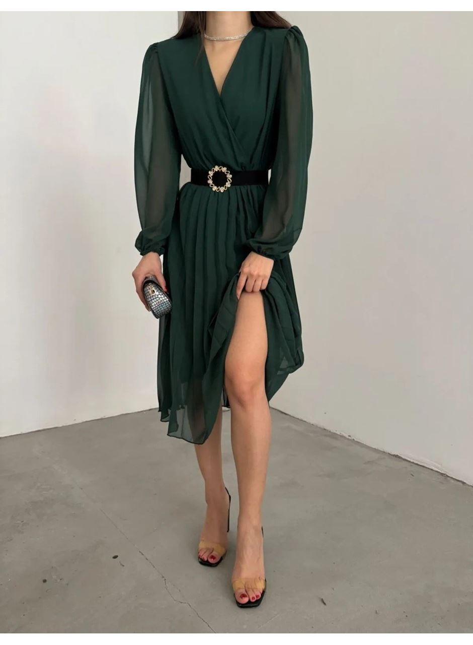 Kadın şifon Kumaş Astalı Kloş Kesim Kruvaze Yaka Midi Boy Elbise