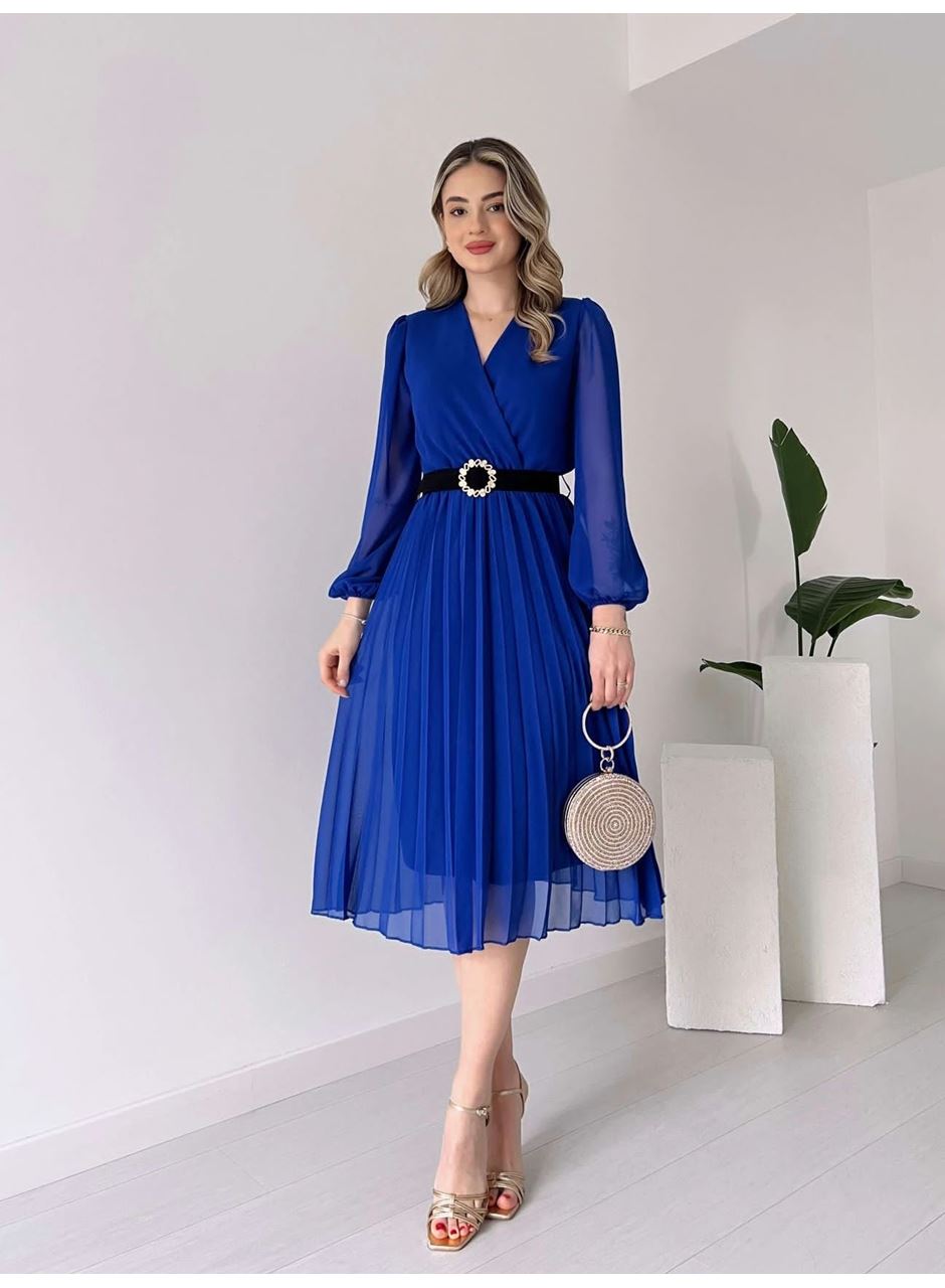 Kadın şifon Kumaş Astalı Kloş Kesim Kruvaze Yaka Midi Boy Elbise