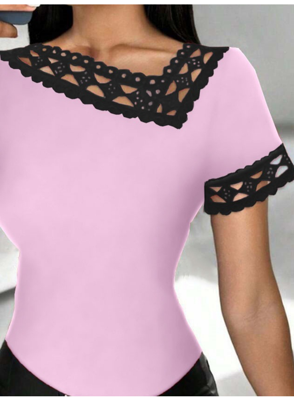 Kadın Kısa Kollu Dantel Yaka Viskon Bluz