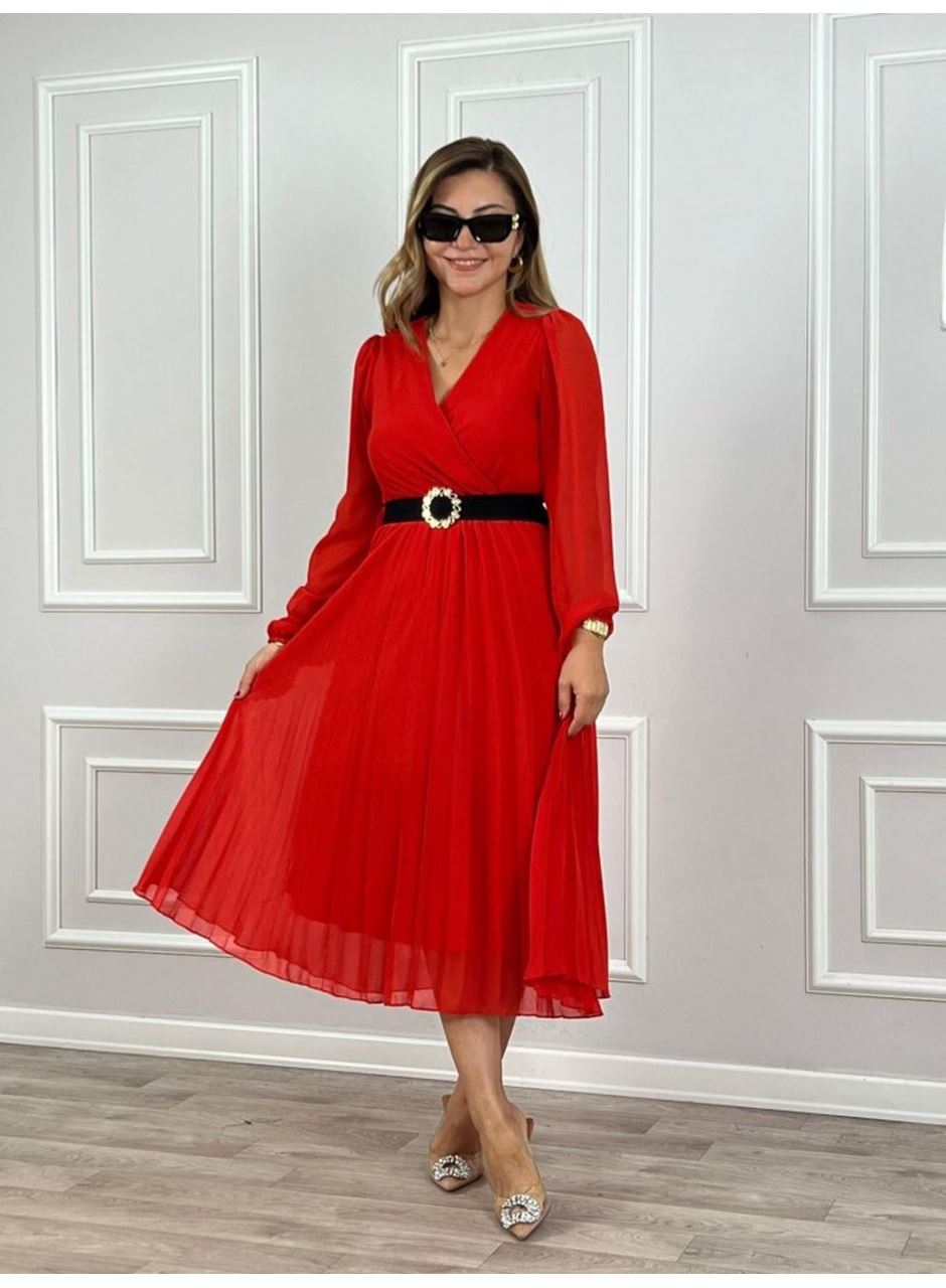 Kadın şifon Kumaş Astalı Kloş Kesim Kruvaze Yaka Midi Boy Elbise