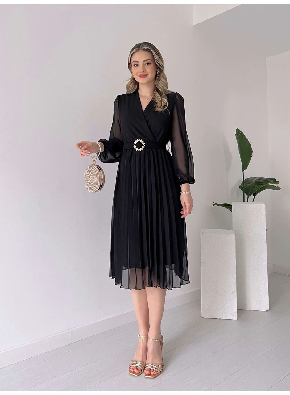 Kadın şifon Kumaş Astalı Kloş Kesim Kruvaze Yaka Midi Boy Elbise