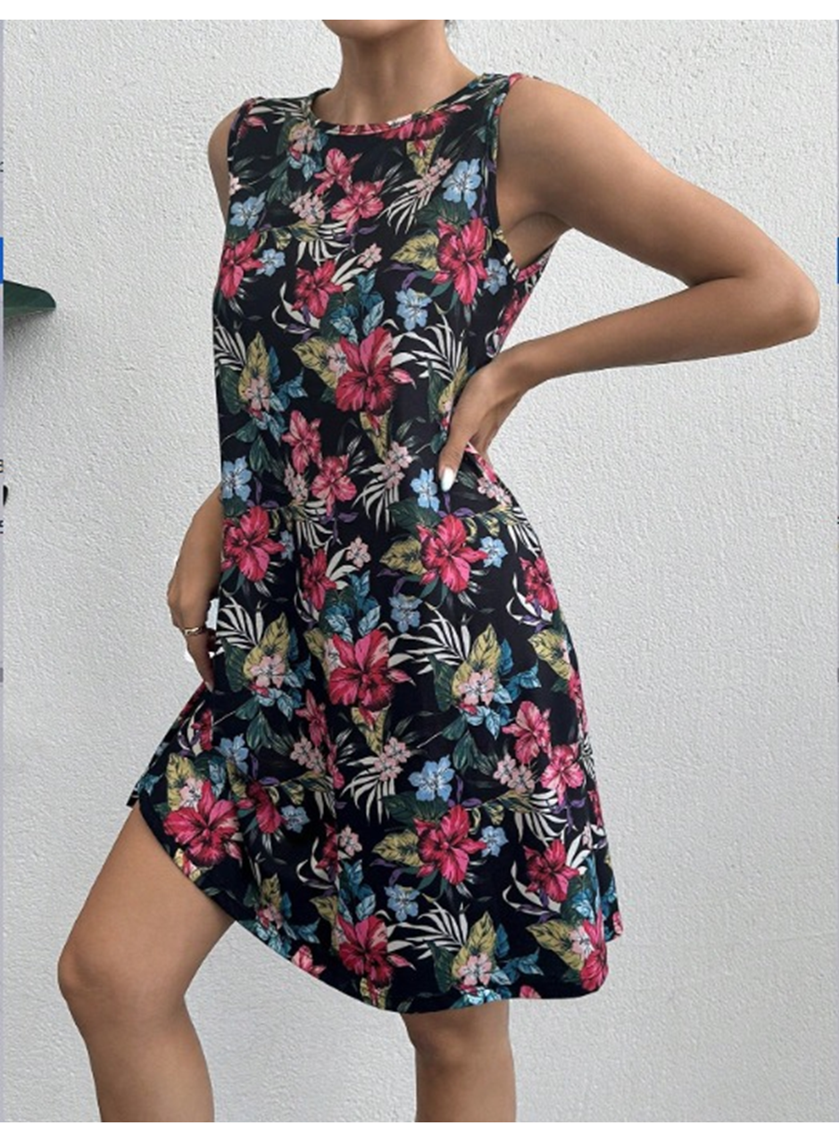 Kadın Renkli çiçek Baskılı Süprem Elbise