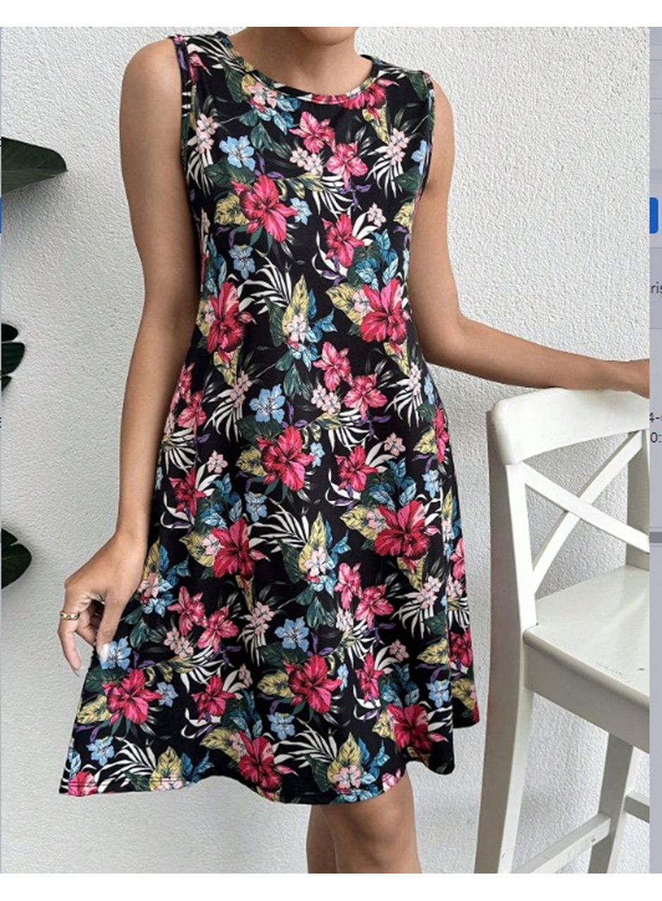 Kadın Renkli çiçek Baskılı Süprem Elbise