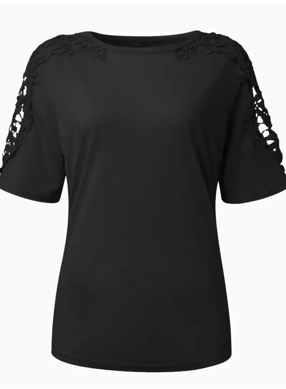 Kadın Kısa Kollu Bisiklet Yaka Kolları çiçekli Güpür Detay Viskon Bluz