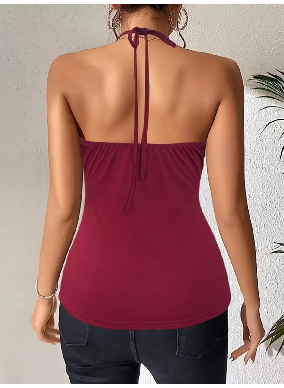 Kadın Kuş Gözü Ve Dekolte Detay Boyundan Bağlamalı Viskon Bluz