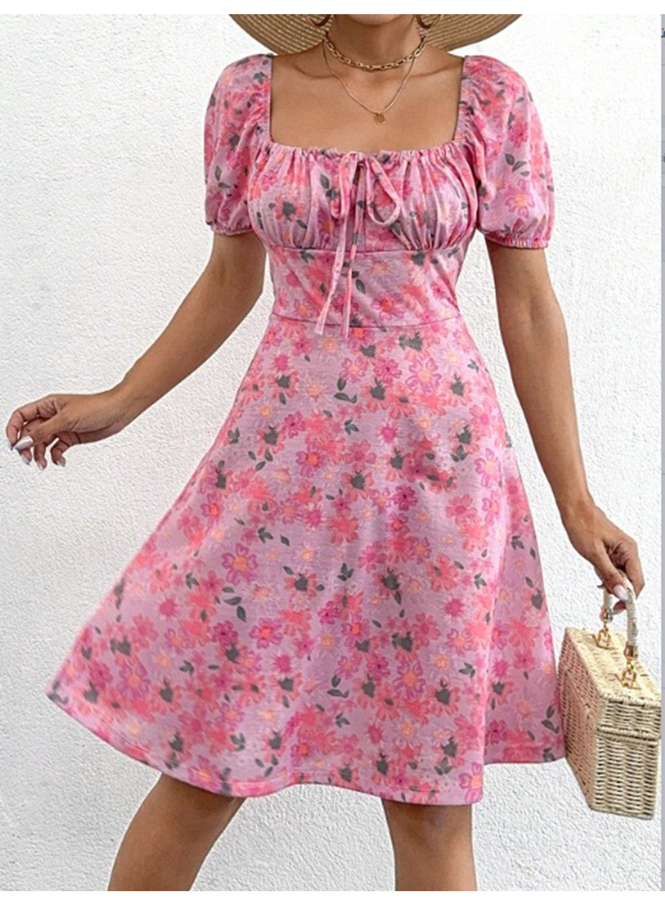 Kadın Kısa Kollu Mini çiçek Baskılı Bağcık Detay Süprem Midi Boy Elbise