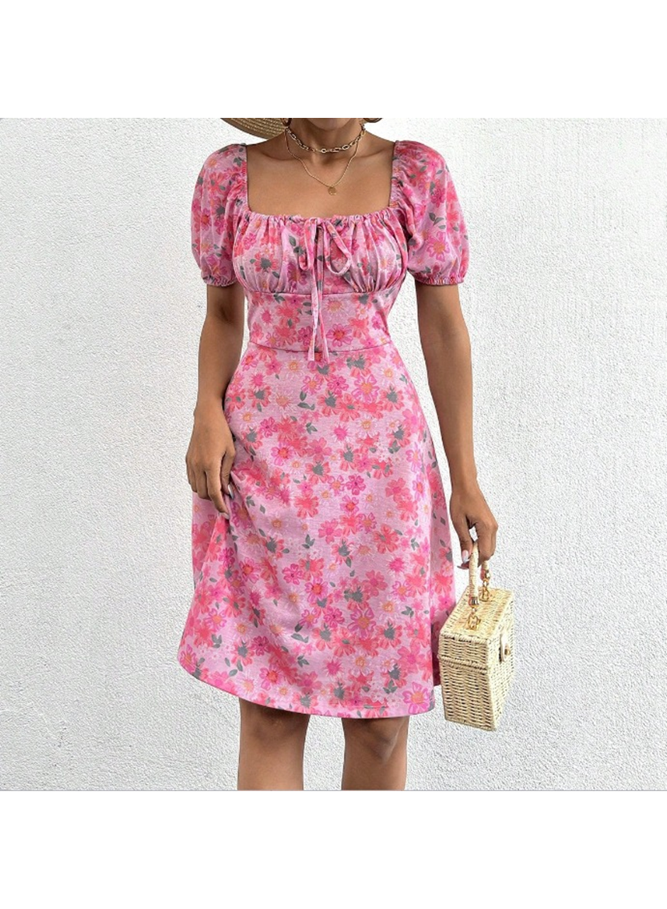 Kadın Kısa Kollu Mini çiçek Baskılı Bağcık Detay Süprem Midi Boy Elbise