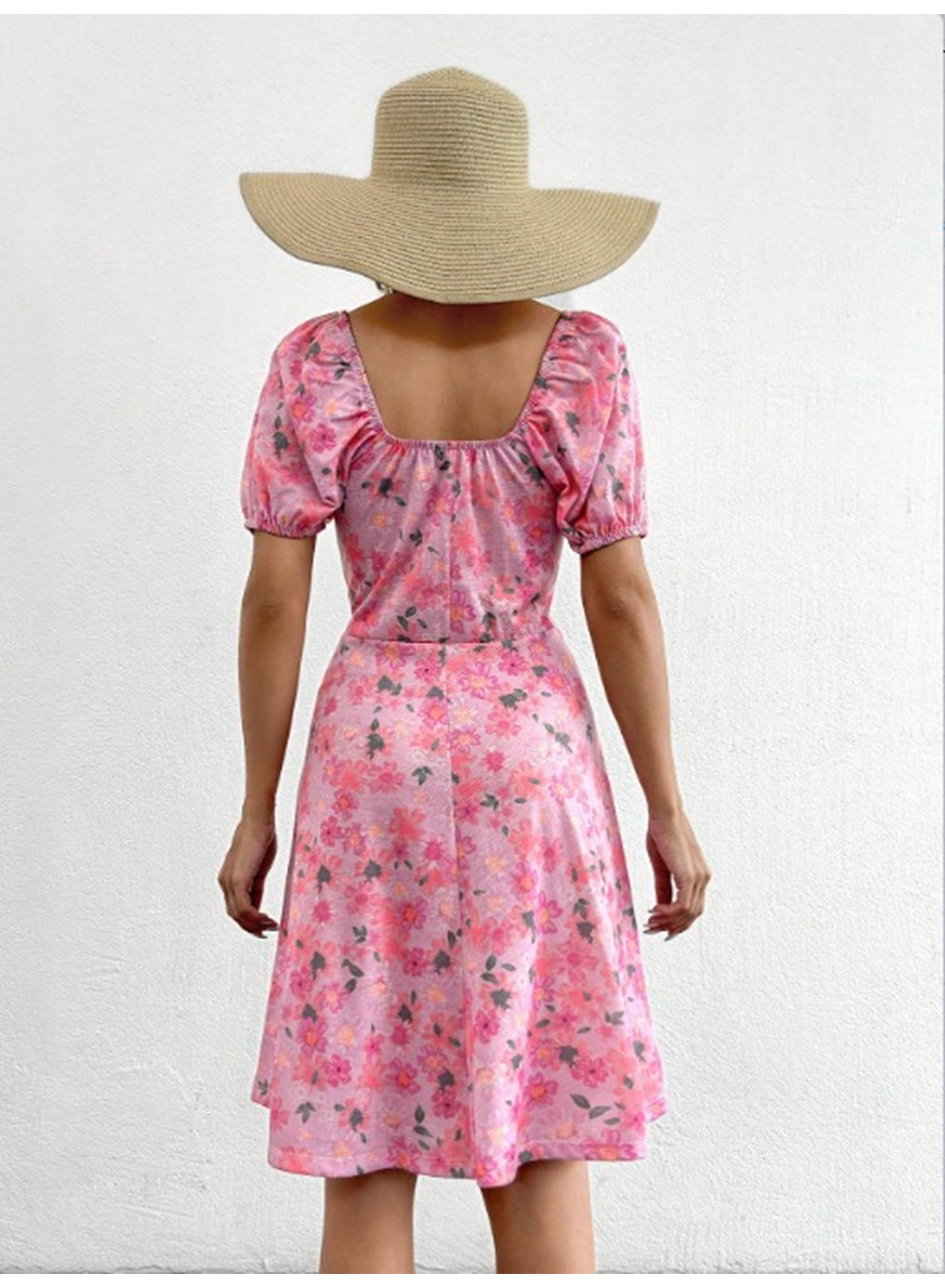 Kadın Kısa Kollu Mini çiçek Baskılı Bağcık Detay Süprem Midi Boy Elbise