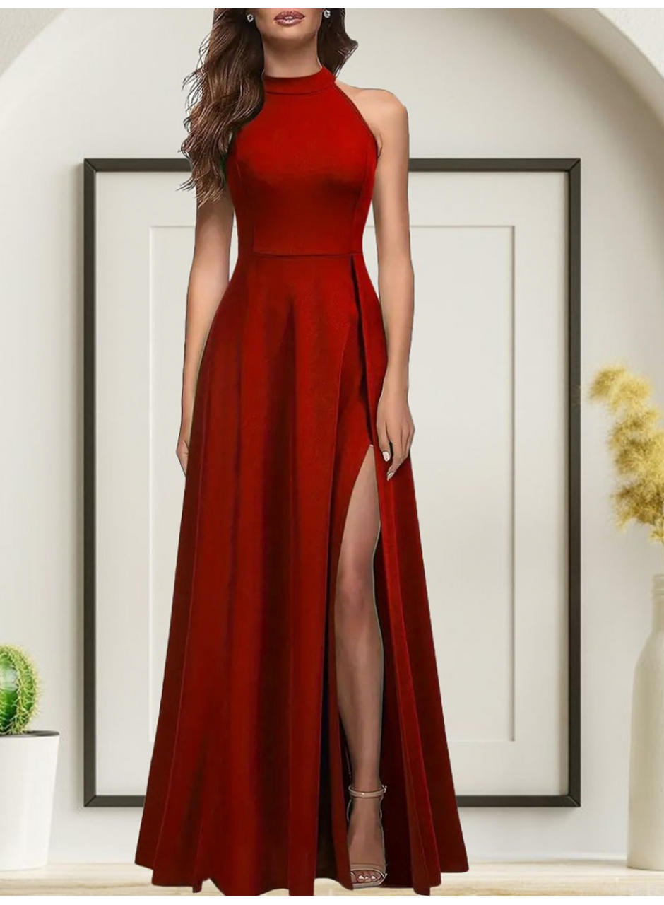 Kadınhalter Yaka Derin Yırtmaç Detaylı Tam Boy Ithal Krep Abiye Elbise