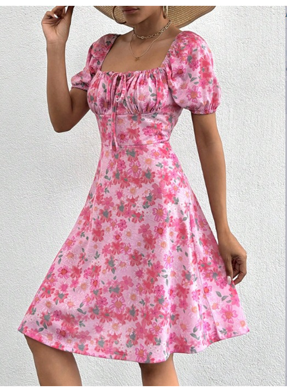 Kadın Kısa Kollu Mini çiçek Baskılı Bağcık Detay Süprem Midi Boy Elbise