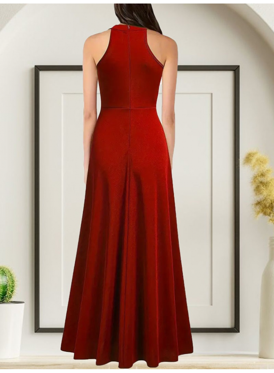 Kadınhalter Yaka Derin Yırtmaç Detaylı Tam Boy Ithal Krep Abiye Elbise