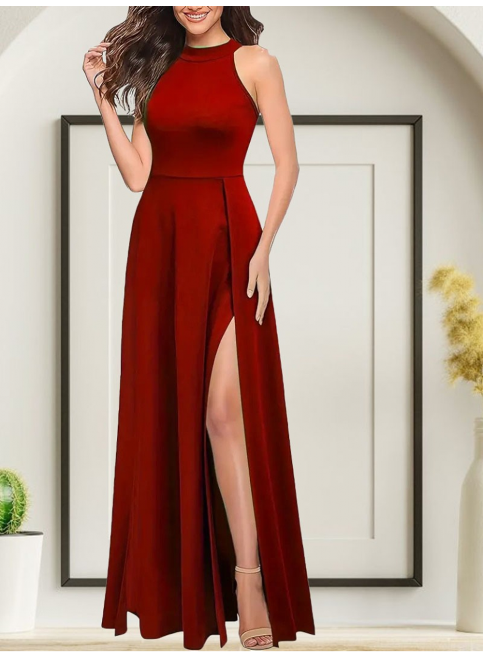 Kadınhalter Yaka Derin Yırtmaç Detaylı Tam Boy Ithal Krep Abiye Elbise