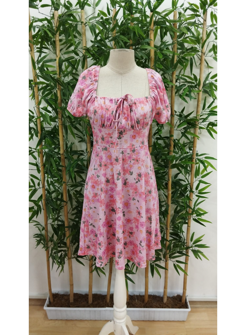 Kadın Kısa Kollu Mini çiçek Baskılı Bağcık Detay Süprem Midi Boy Elbise