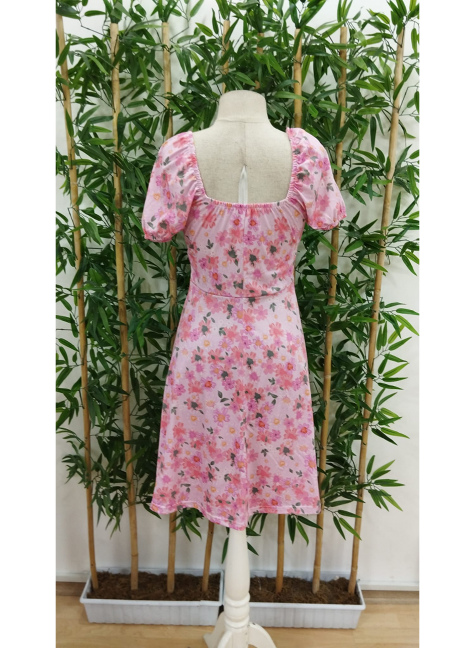 Kadın Kısa Kollu Mini çiçek Baskılı Bağcık Detay Süprem Midi Boy Elbise