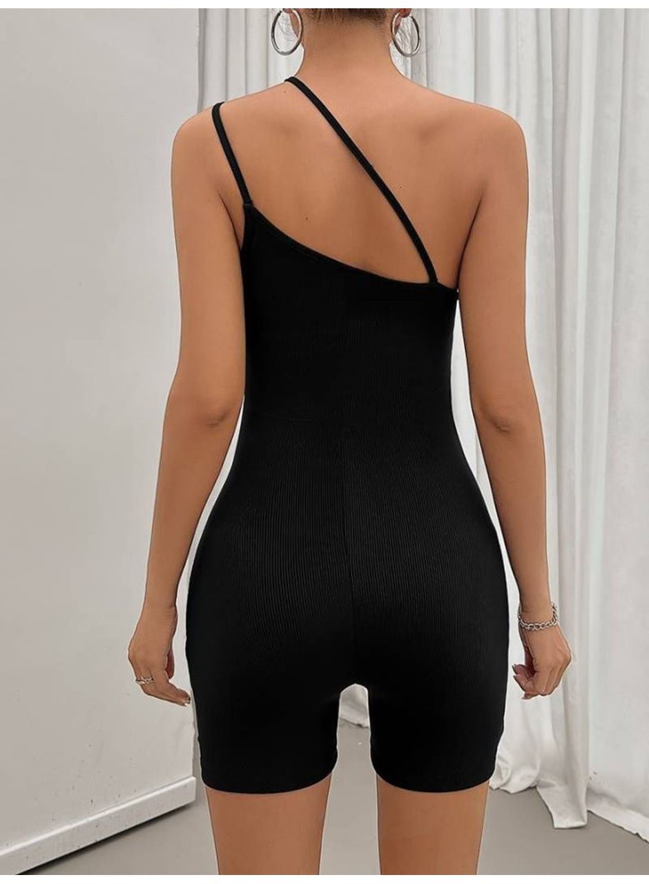 Kadın Asimetrik Askılı Mini Kaşkorse Bodycon Tulum