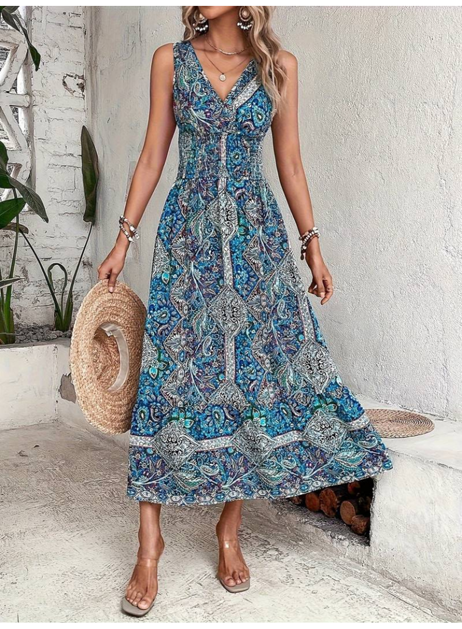 Kadın Beli Gipeli Etnik Desen Sıfır Kol Süprem Elbise