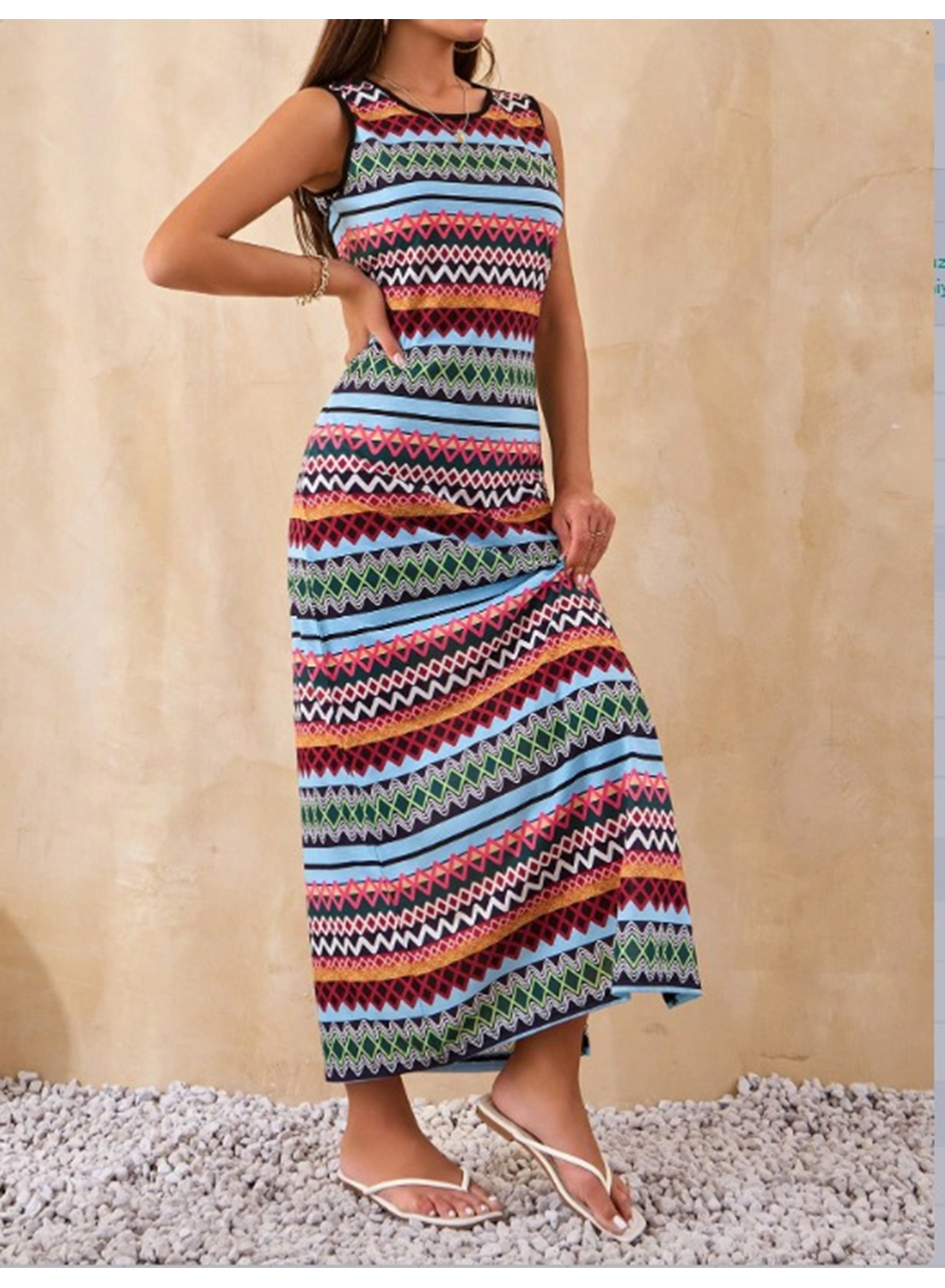 Kadın Bisiklet Yaka Cizgi Desen Süprem Elbise