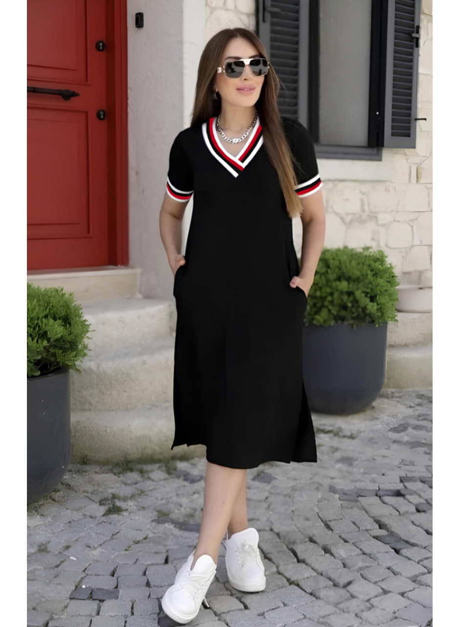 Kadın Kısa Kollu V Yaka Ve Yaka Ribana Detay Midiboy Viskon Elbise