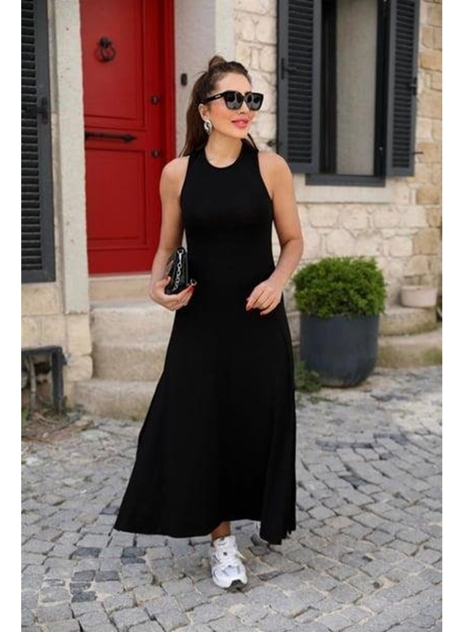 Kadın Arkadan çapraz Detay Yuvarlak Yaka Maksi Viskon Elbise