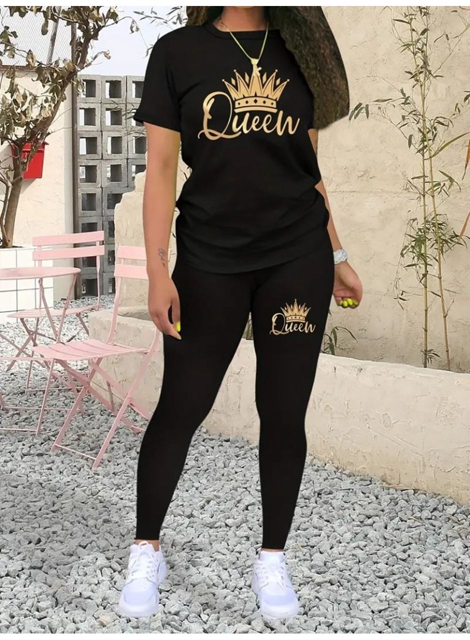 Kadın Kısa Kollu Queen Baskı Viskon Ikili Takım