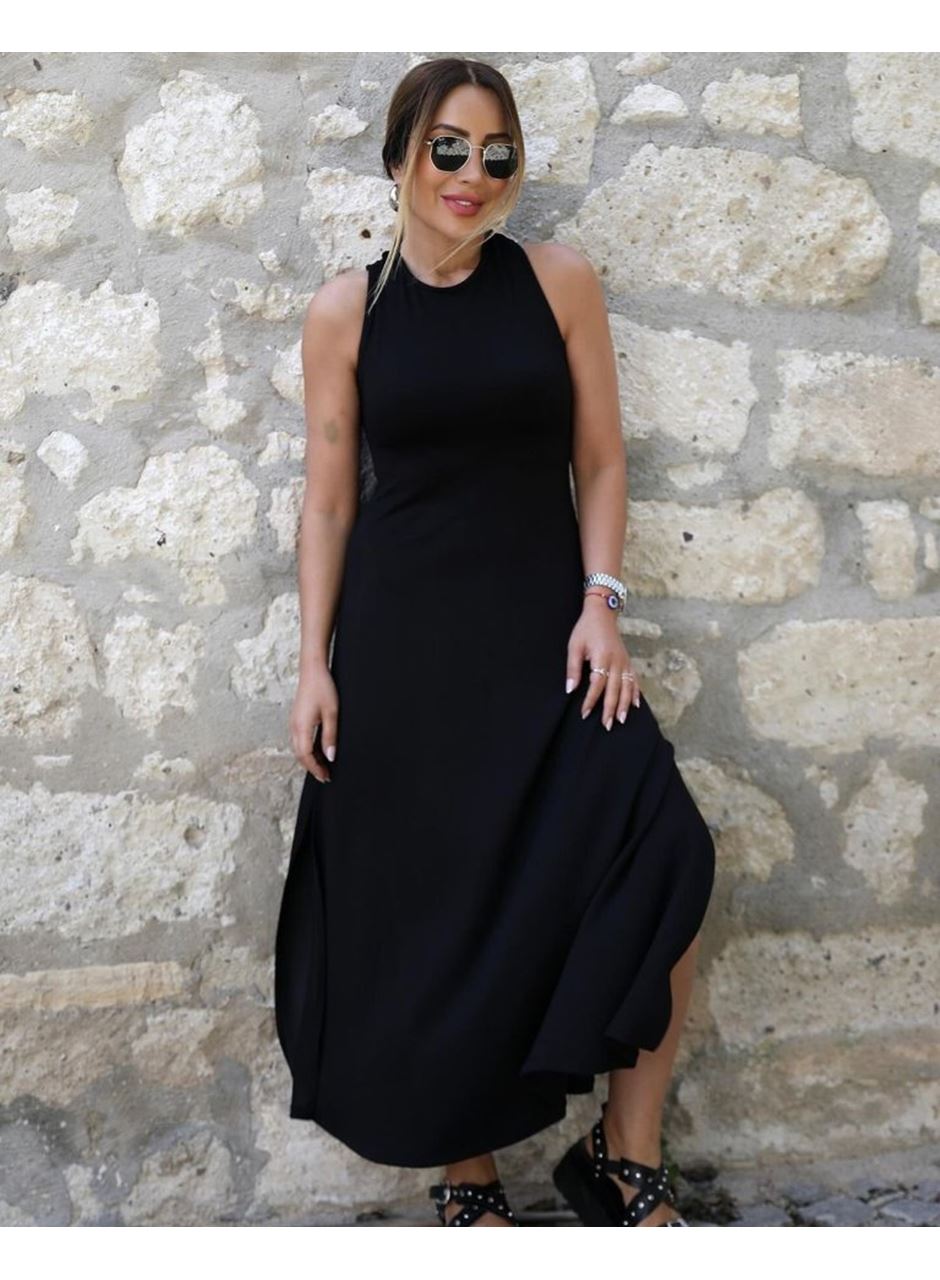 Kadın Arkadan çapraz Detay Yuvarlak Yaka Maksi Viskon Elbise