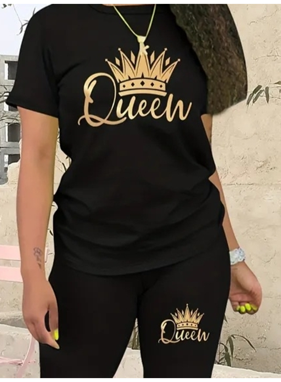 Kadın Kısa Kollu Queen Baskı Viskon Ikili Takım