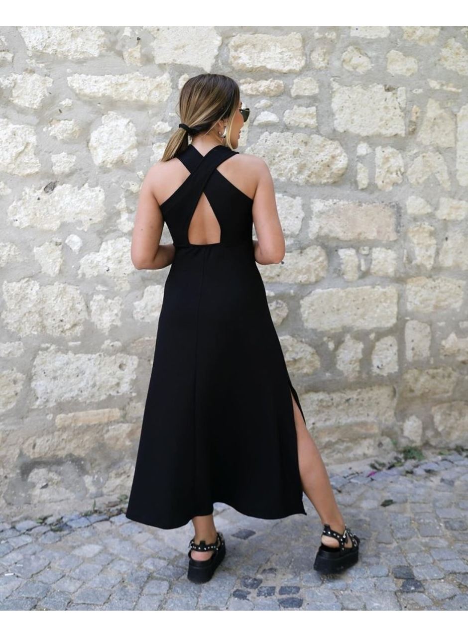 Kadın Arkadan çapraz Detay Yuvarlak Yaka Maksi Viskon Elbise