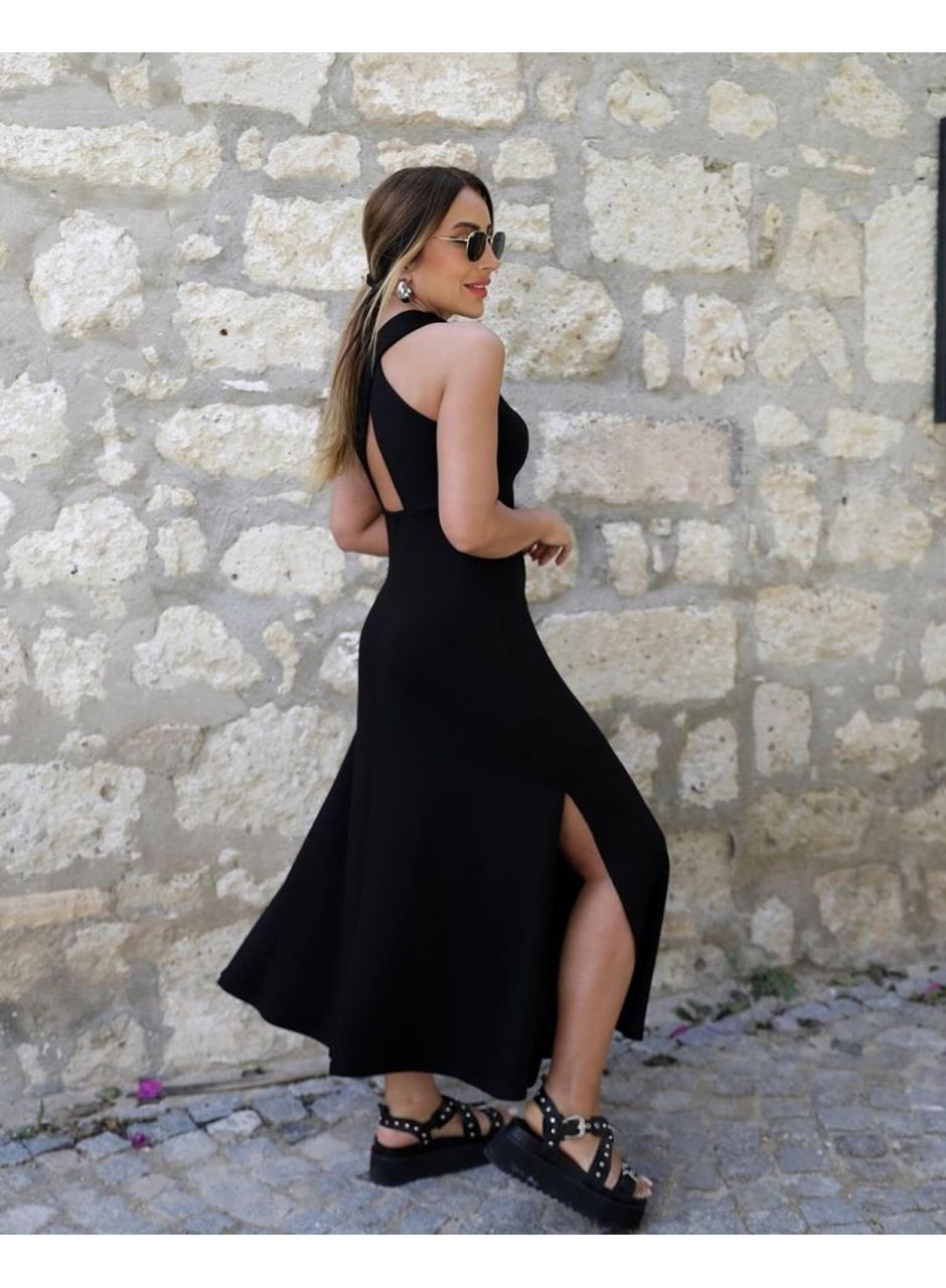 Kadın Arkadan çapraz Detay Yuvarlak Yaka Maksi Viskon Elbise