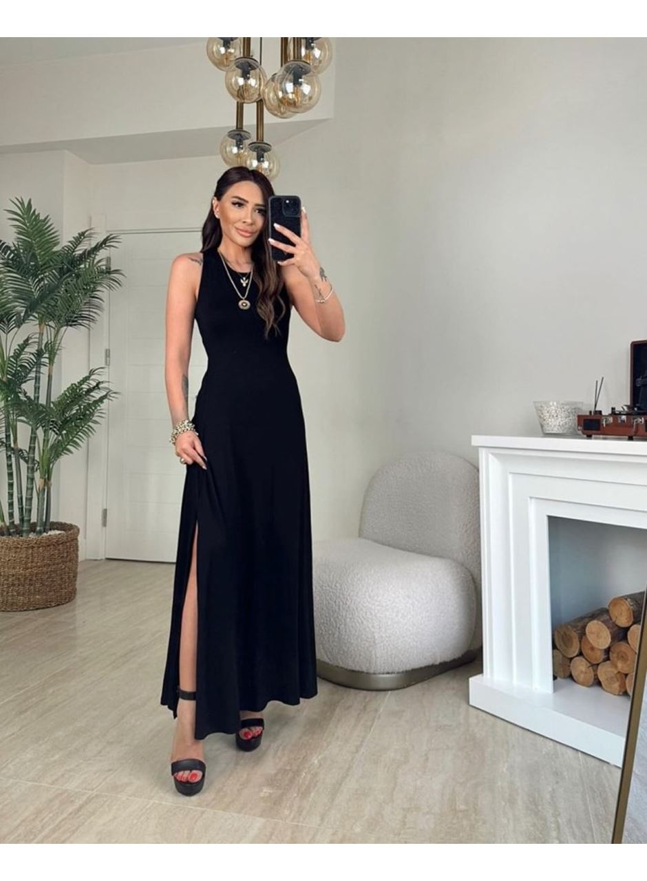 Kadın Arkadan çapraz Detay Yuvarlak Yaka Maksi Viskon Elbise