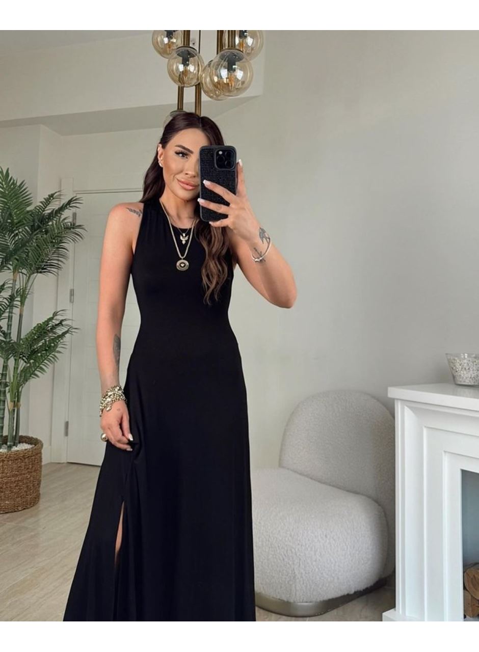 Kadın Arkadan çapraz Detay Yuvarlak Yaka Maksi Viskon Elbise