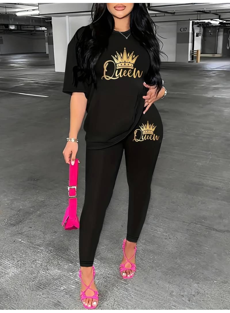 Kadın Kısa Kollu Queen Baskı Viskon Ikili Takım