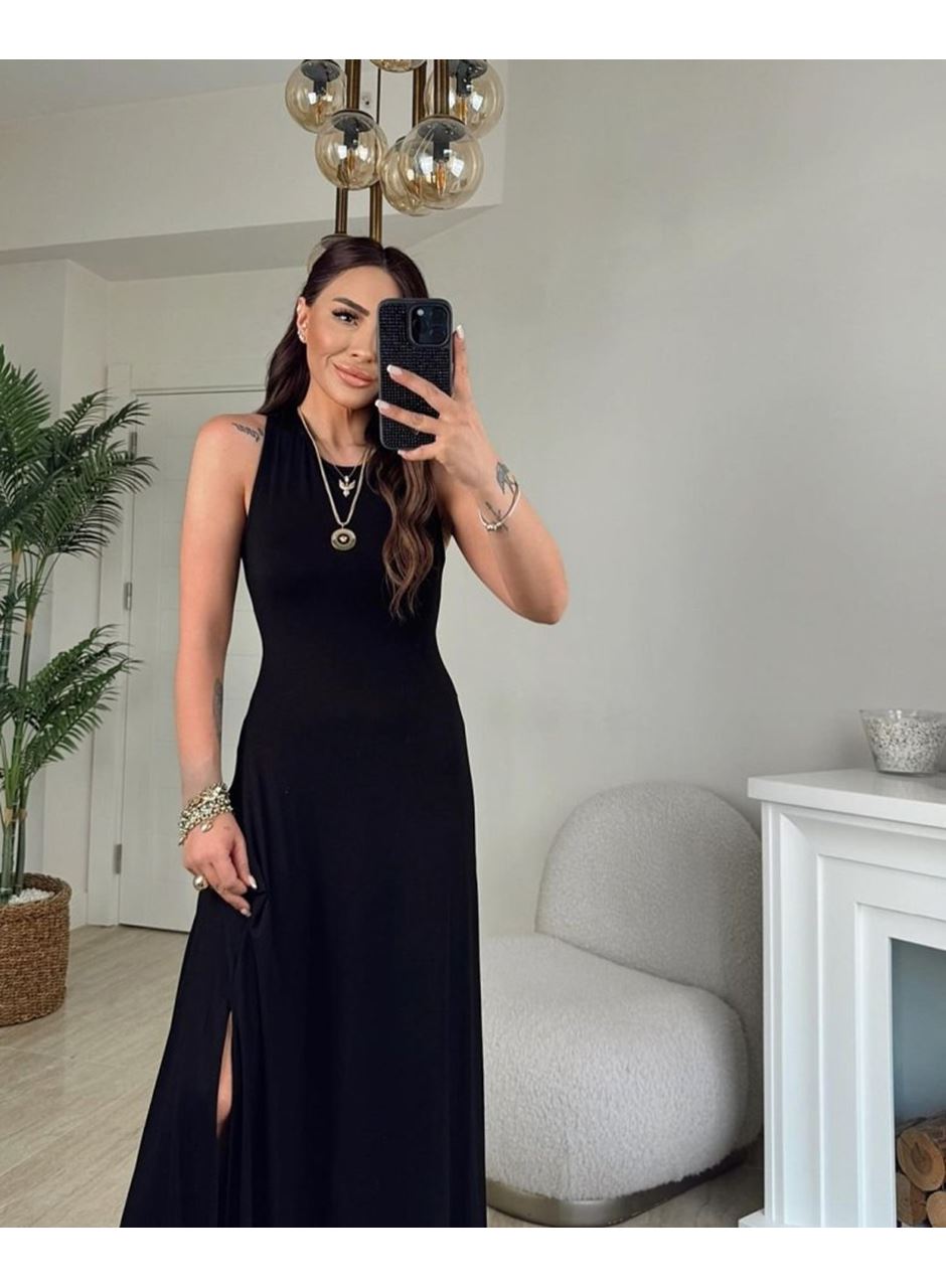 Kadın Arkadan çapraz Detay Yuvarlak Yaka Maksi Viskon Elbise