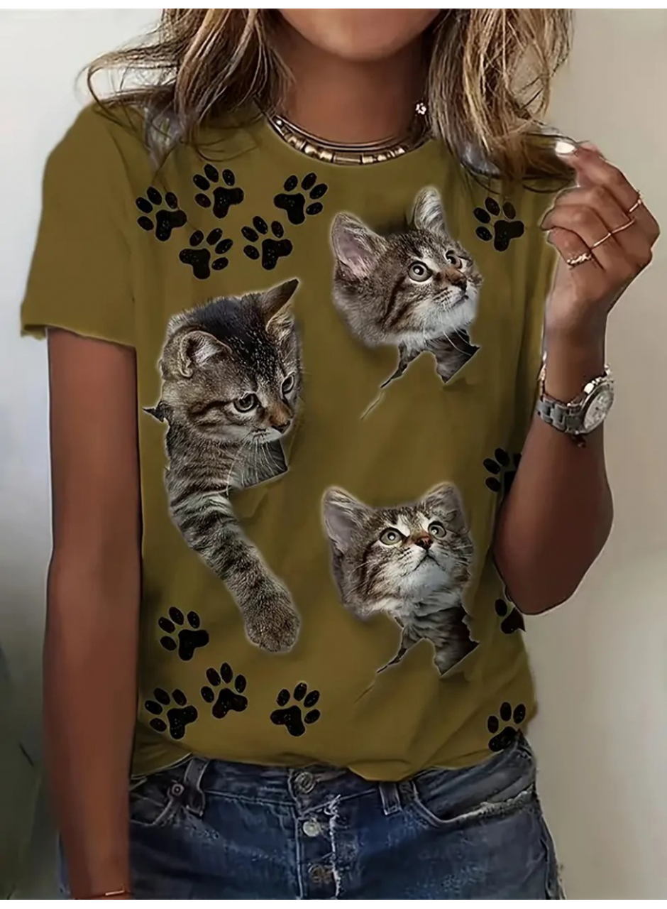 Kadın Kısa Kollu Kedi Ve Pati Baskılı Süprem T-shirt