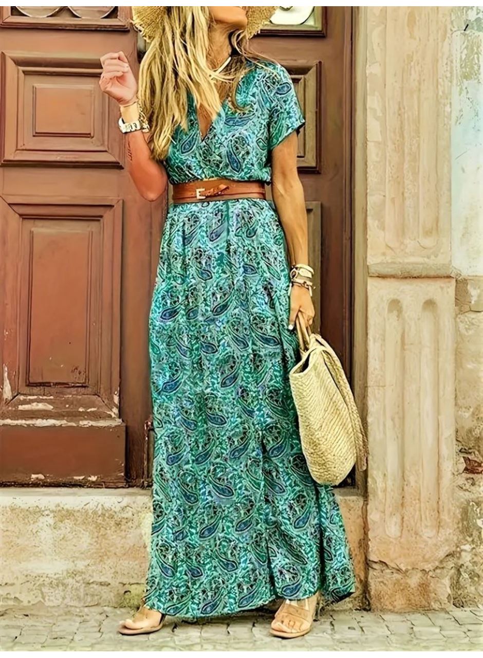 Kadın Kısa Kollu V Yaka Etnik Desenli Yırtmaç Detay Süprem Elbise (kemersiz)