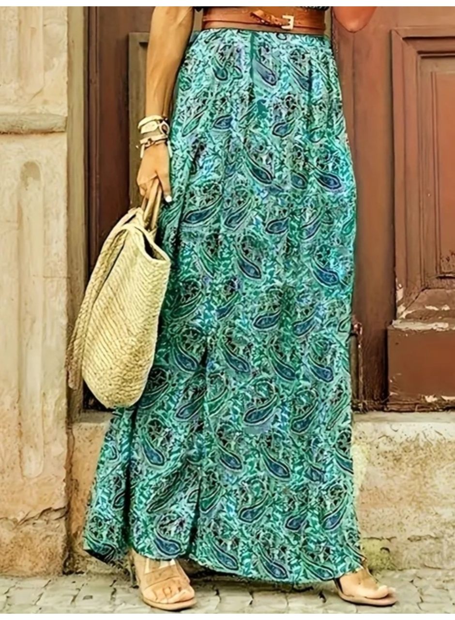 Kadın Kısa Kollu V Yaka Etnik Desenli Yırtmaç Detay Süprem Elbise (kemersiz)