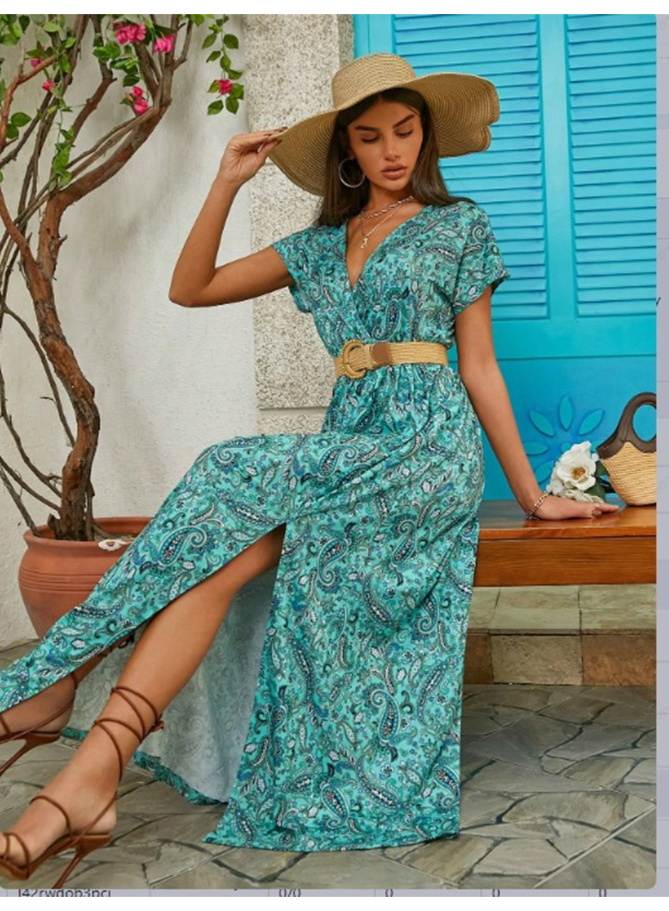 Kadın Kısa Kollu V Yaka Etnik Desenli Yırtmaç Detay Süprem Elbise (kemersiz)