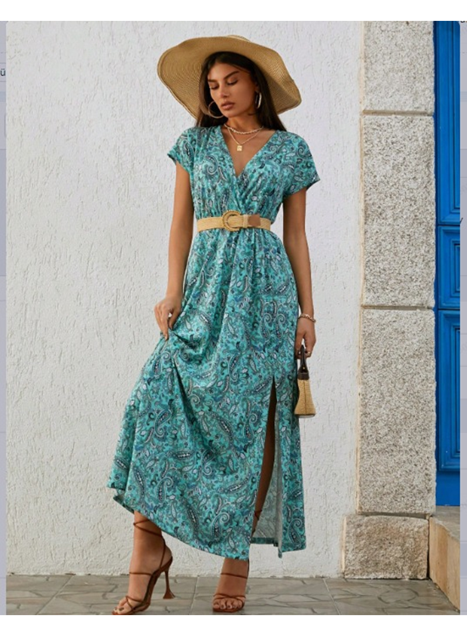 Kadın Kısa Kollu V Yaka Etnik Desenli Yırtmaç Detay Süprem Elbise (kemersiz)