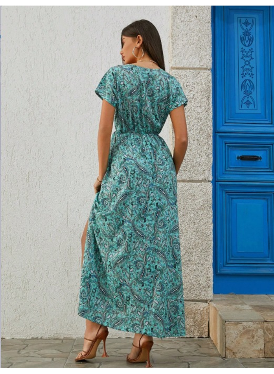 Kadın Kısa Kollu V Yaka Etnik Desenli Yırtmaç Detay Süprem Elbise (kemersiz)