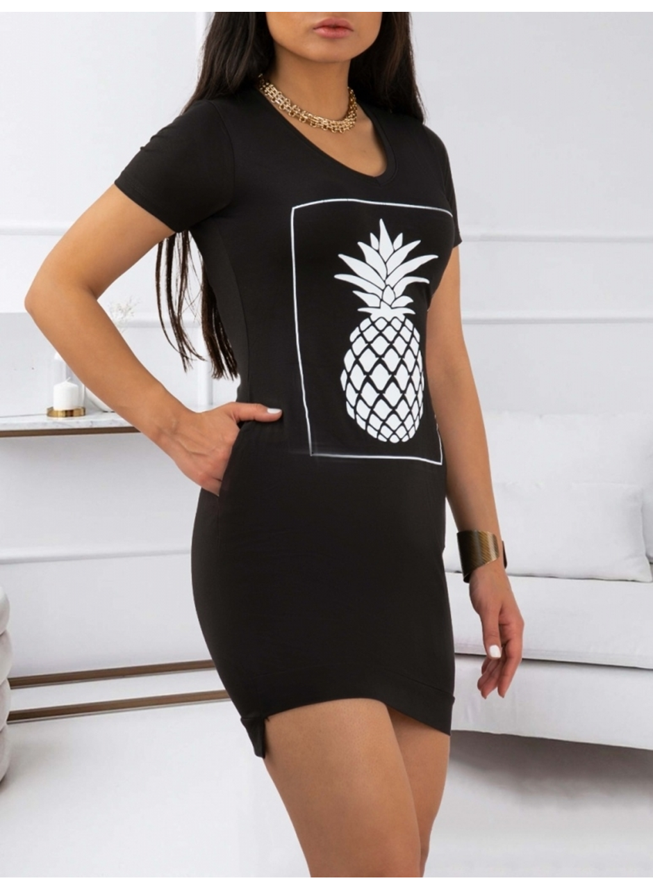 Kadın Ananas Baskılı Kısa Kol Viskon Elbise